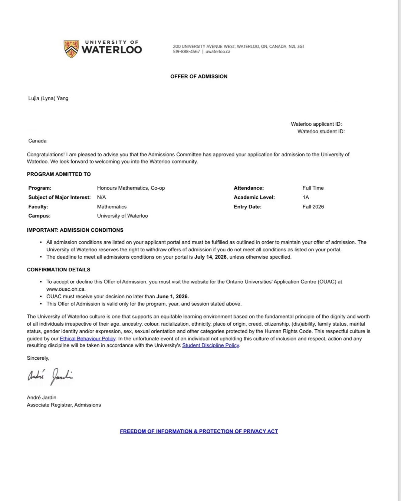 经隐私处理的滑铁卢大学数学专业录取结果